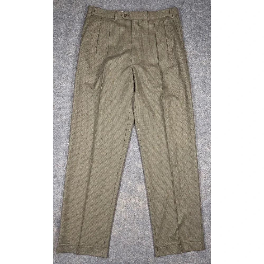 Lauren Ralph Lauren Wool Cashmere Pleated Dress Pants Houndstooth Brown 36x32